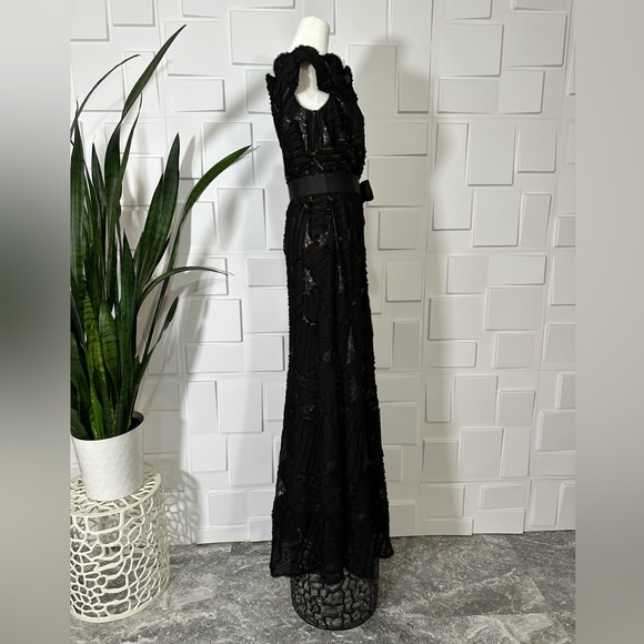 Tadashi Shoji Demie gown 8 black, sequins, ruffles. Ribbon tie waist - Picture 8 of 13